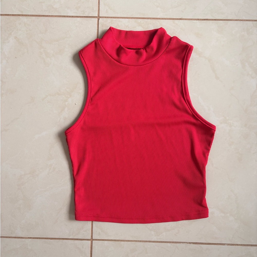 SHEIN Ribbed Mock Neck Sleeveless Crop Top - Red